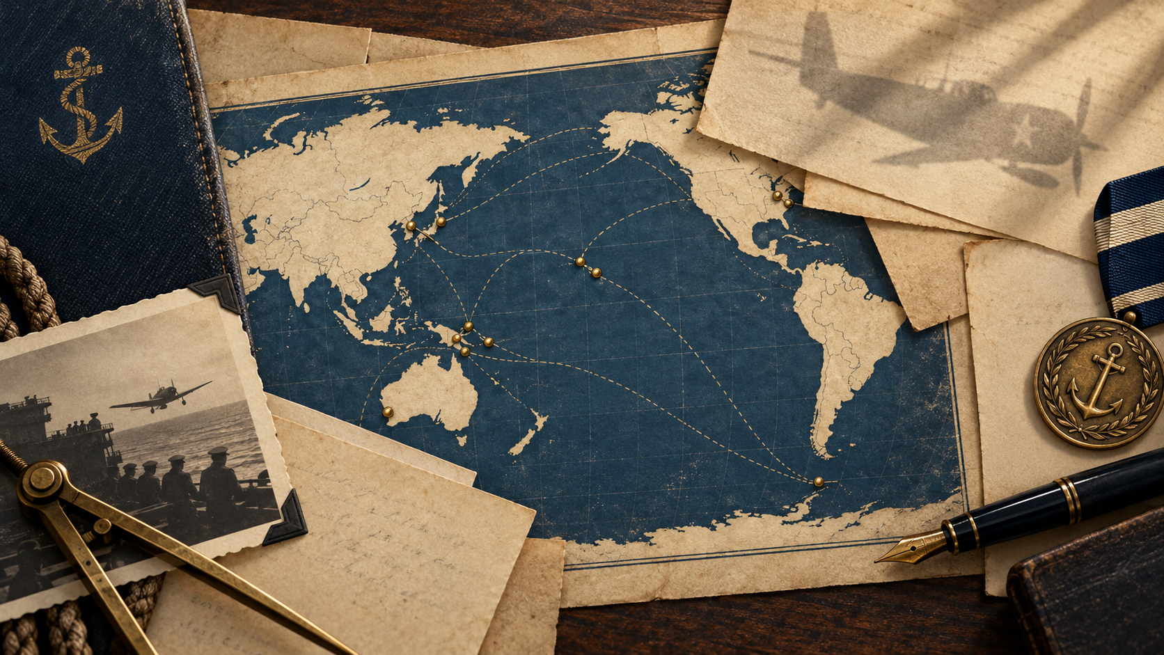 Archival-style arrangement of documents, maps, medals, and photographs
