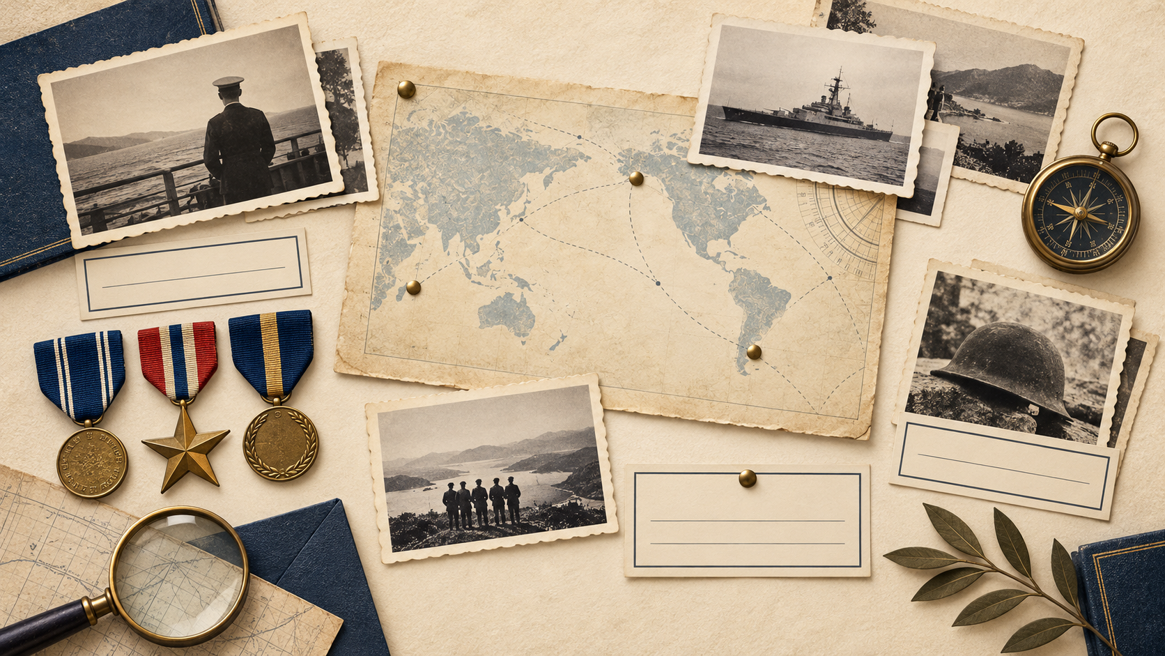 Illustrated archive gallery with photographs, documents, ribbons, and caption cards
